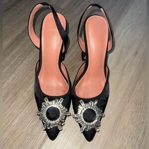 Black Satin Rhinestone Buckle Slingback Heels – Pointed Toe Glam
